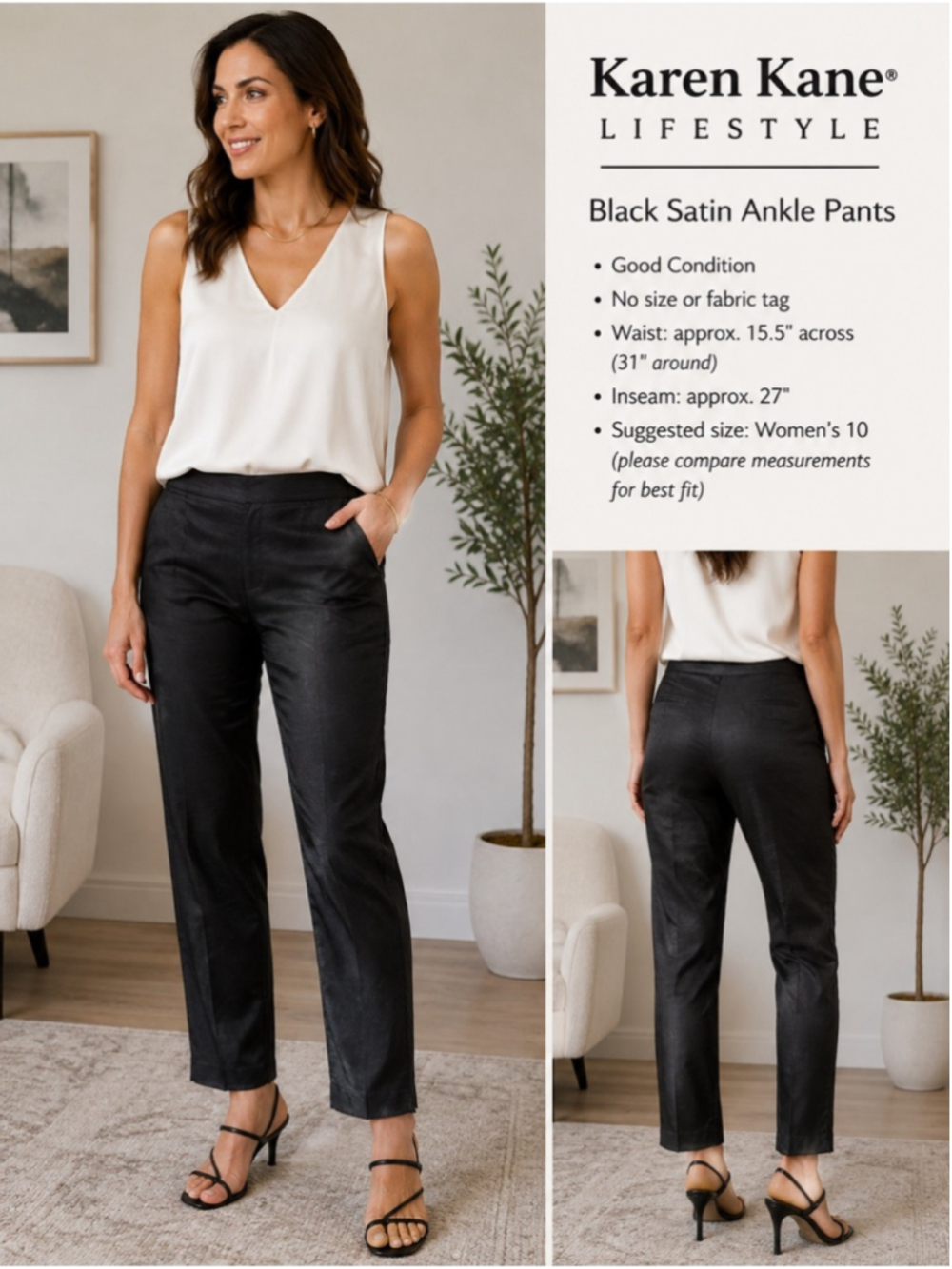 Karen Kane Black Satin Cropped Ankle Pants Size 10 Quiet Luxury Cocktail Formal